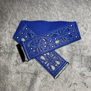 Wide Blue Women's Elastic Waist Belt Lasercut Detail Silver Studs Cinch Belt